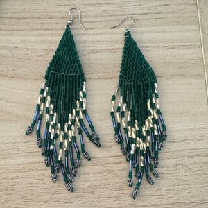 Boho Green with Blue and Silver Beaded Earrings long dangly